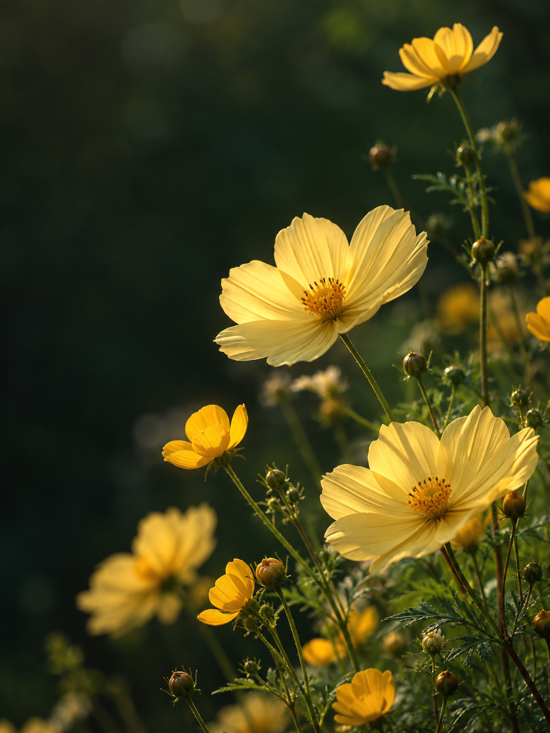 Un ramo de flores amarillas iluminadas por el sol entre hojas verdes